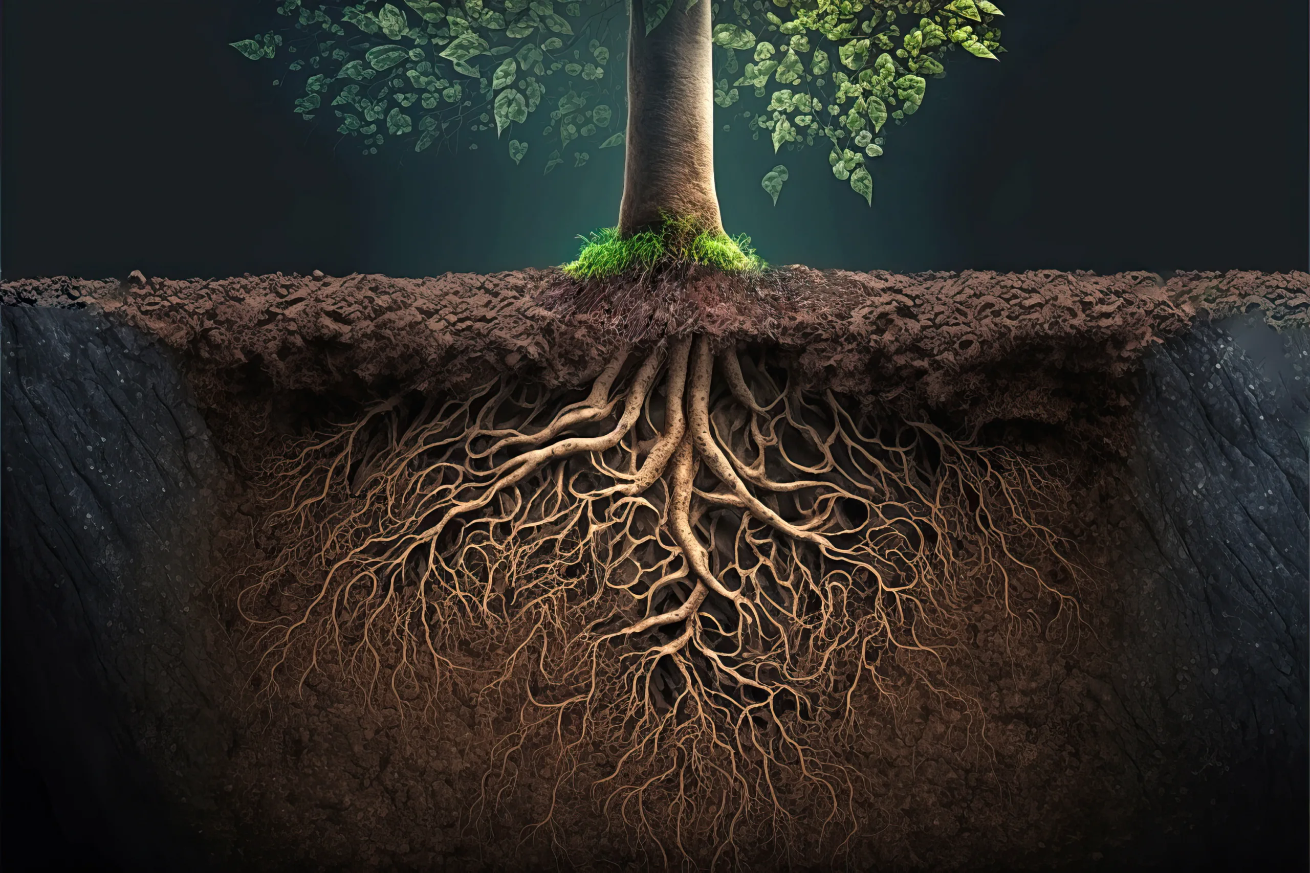 Root system of a tree growing underground, soil section concept, generative AI illustration