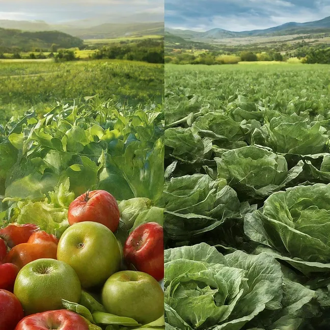 campo con cultivos y pesticidas vs. campo con cultivos y abono