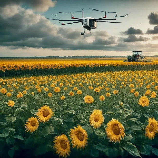 granja con tractores y drones