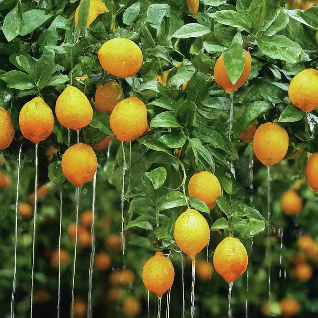 naranjos y limoneros con agua alrededor