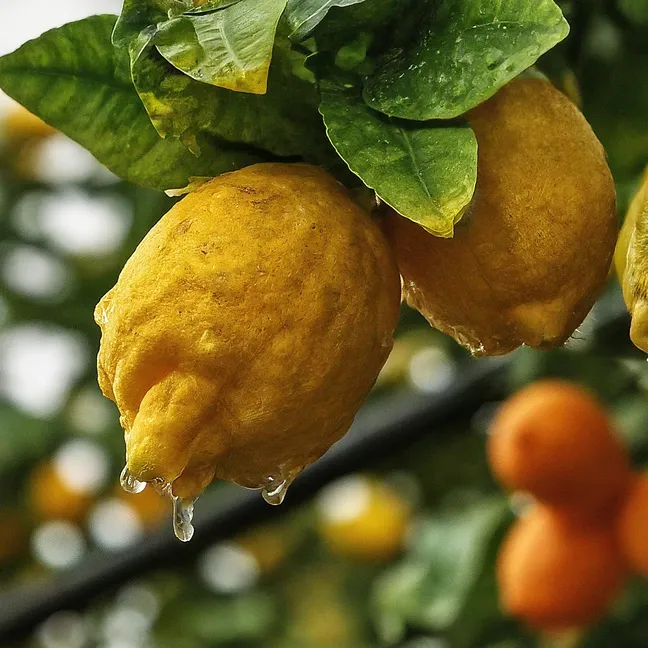 naranjos y limoneros siendo regados