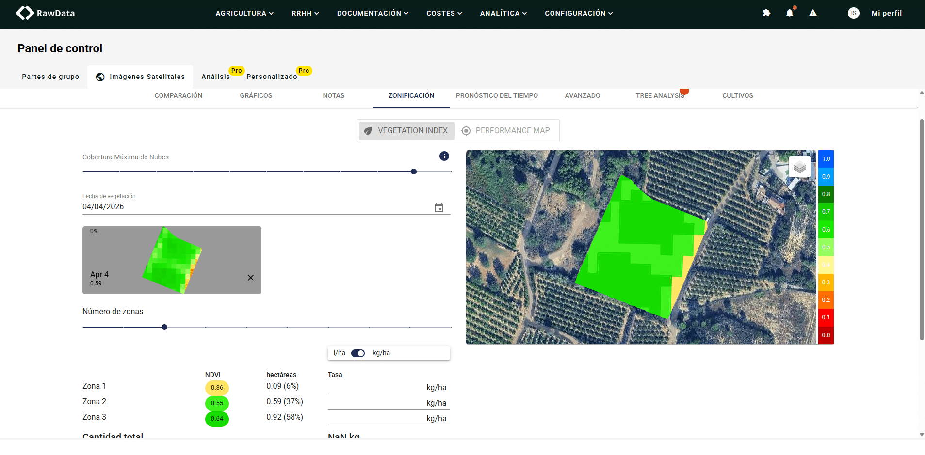 Mapa de zonificación variable con zonas de aplicación en RawData
